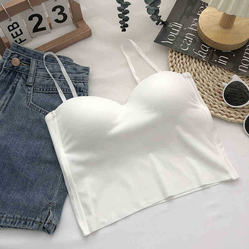 

Summer pure desire wind ice silk suspender beautiful back vest with chest pad chest wrap outer wear base comfortable short tube top One size fits all белый