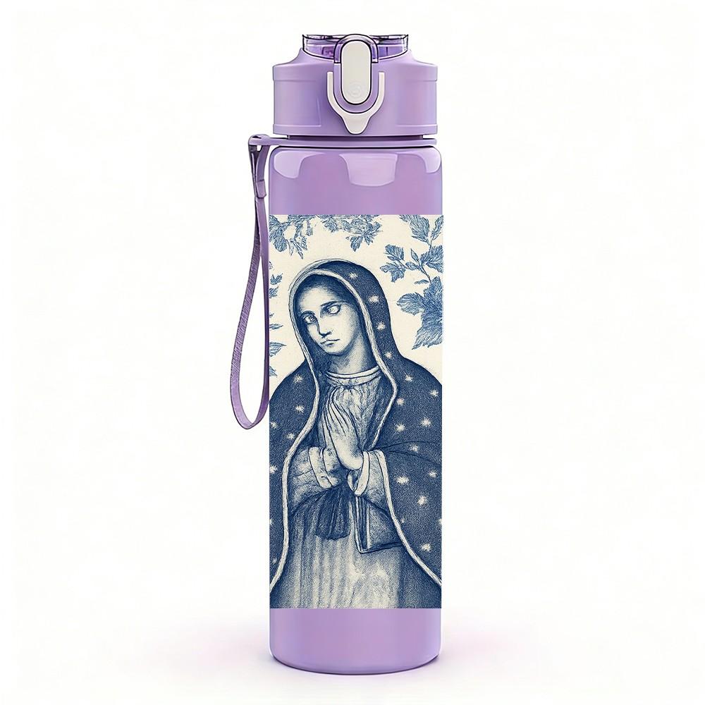 1PC Blue Tone Virgin Mary Portrait 750ml Color Plastic Sports Water Bottle Leakproof Flip Straw Lid For Sports Office Home Use