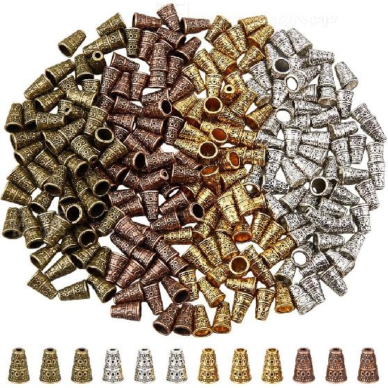 DICOSMETIC 240Pcs 4 Colors Long Bead Cap Alloy Bead Cone 10x7mm Tassel End Cap Antique Golden Spacer Beads Caps Tibetan Style Metal Jewelry Cone for