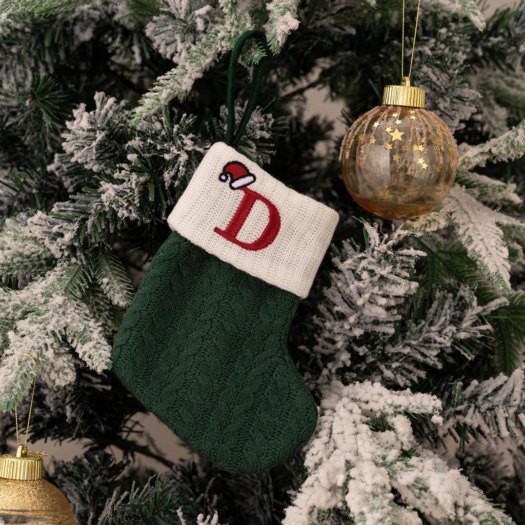 Haobei Green Knitted Christmas Stocking with Embroidered Lettering – Woolen Gift Bag Décor