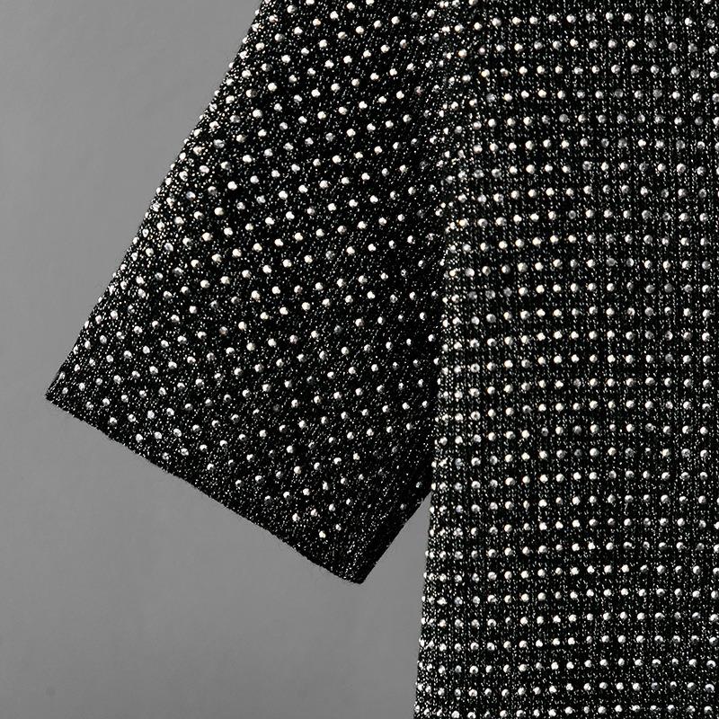 Summer Womens Fashion Basic Knitted T-shirts Female Solid Diamond Round Neck Bottoming Short Sleeve Loose Pullover Tops Solid T-shirts