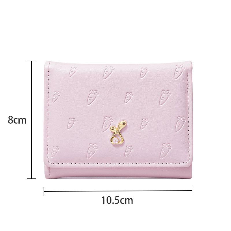 Portable Cartoon Rabbit Purses Carrot Printed Snap Button Lady Short Pu Wallet Waterproof Candy Color Triple Fold Card Bag