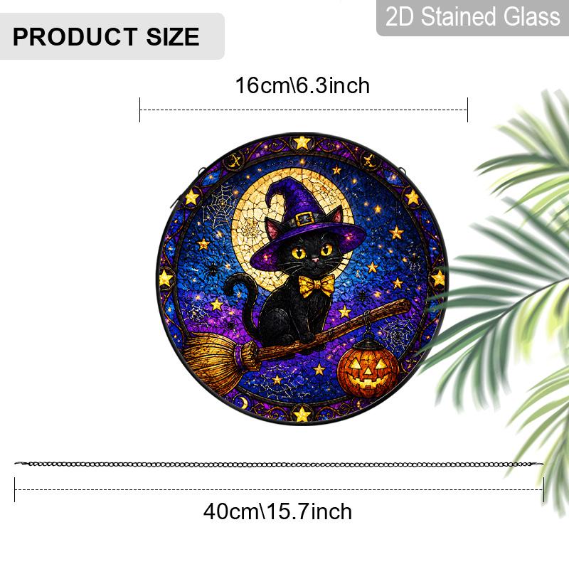 2D Flat Stained Glass Halloween Black Cat with Witch Hat Window Decoration, 6.3/7.87 Inch Colorful Glass Plate with Chain, Charming Halloween Sun 6.3inch