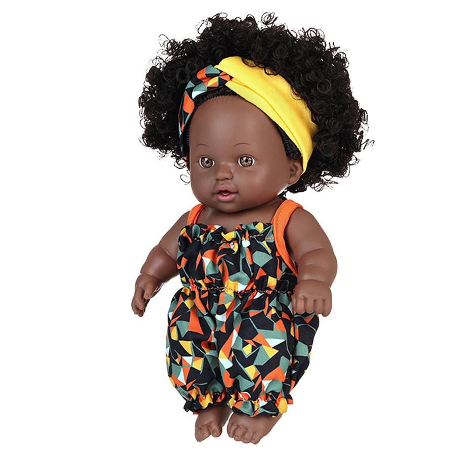 8 Inch Black Reborn Doll with Dress Curly Hair 20cm Realistic Baby Doll Simulation Toys Full Vinyl Body for Girls Birthday Gift