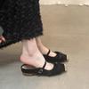 Metal square head flat heel half drag 2025 spring bag head soft leather soft sole slippers women wear one word with Mary Jane shoes