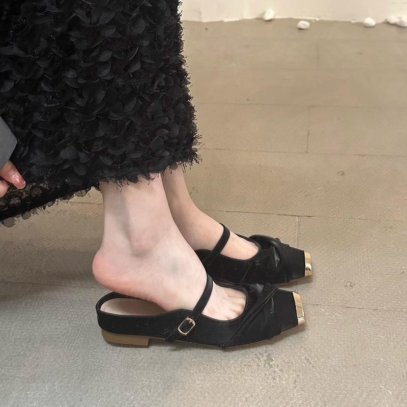 Metal square head flat heel half drag 2025 spring bag head soft leather soft sole slippers women wear one word with Mary Jane shoes