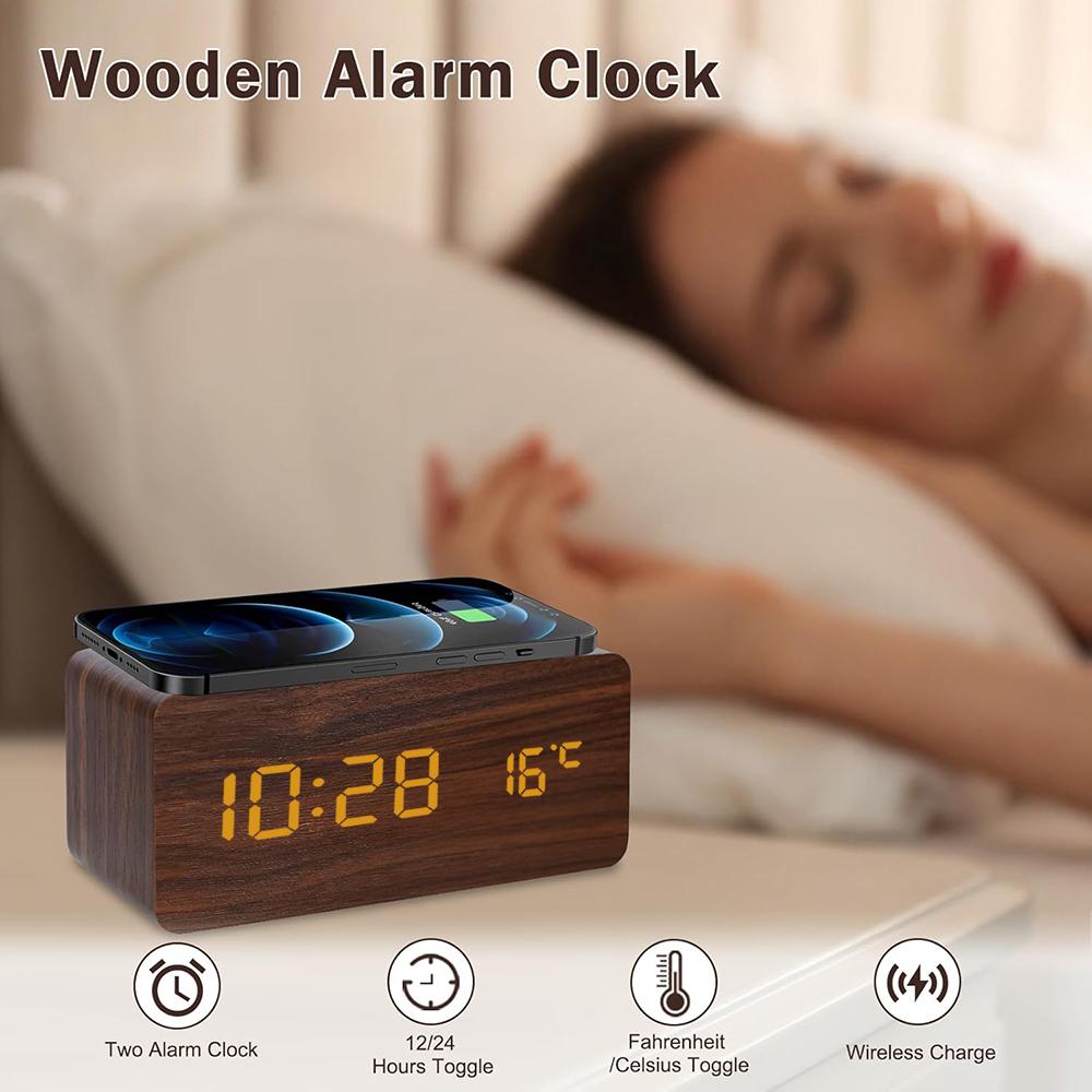 Wooden Digital Alarm Clock with Wireless Charging Temperature Display LED Desk Clock for Office Bedroom Bedside Décor Gift
