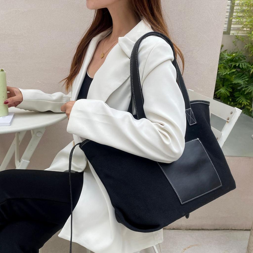 New Women's Bag Tote Shoulder Stitched Canvas Zipper Crossbody Bag Tote Bag Portable