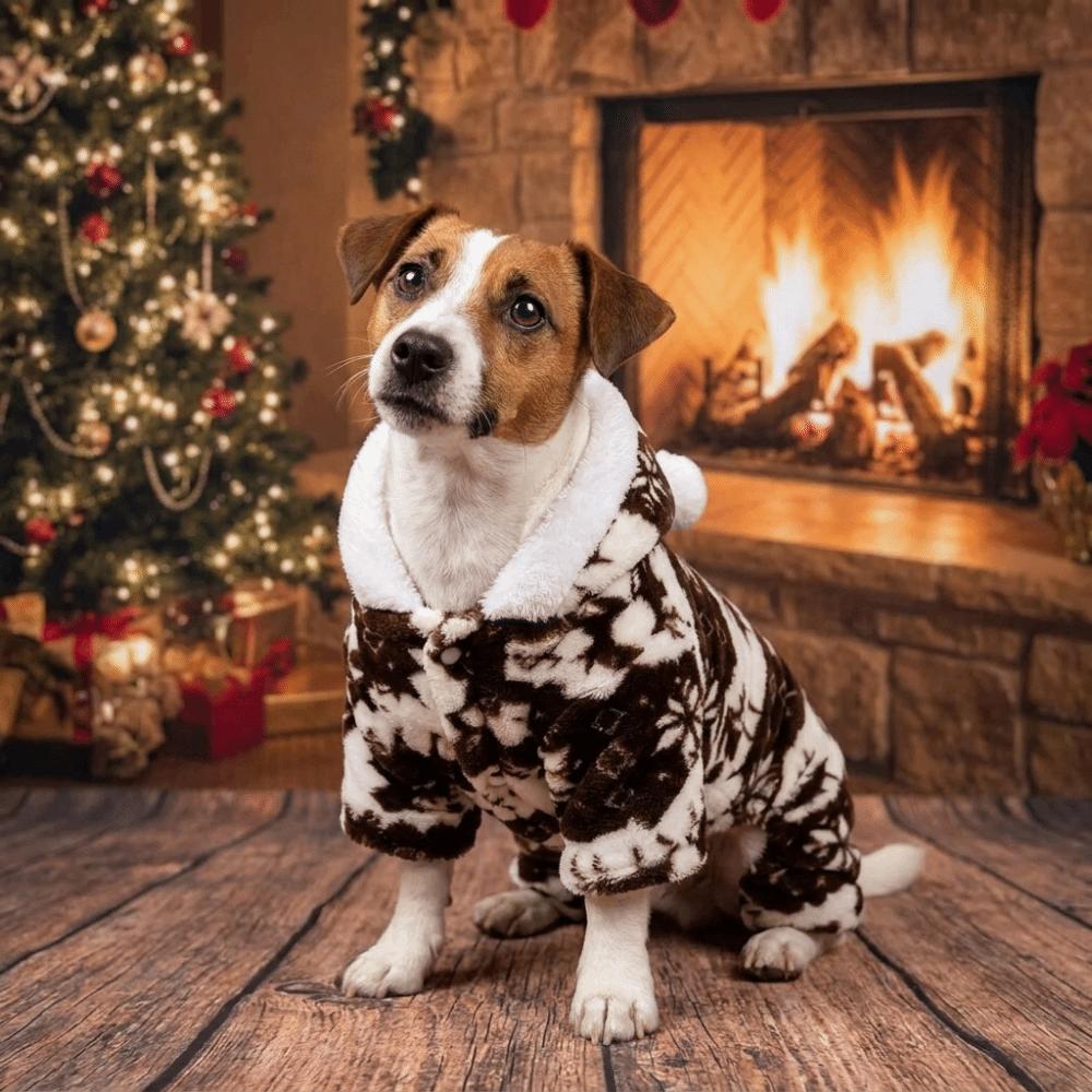 Hooded Design Christmas Dog Jumpsuit Warm Plush Winter Dog Clothes Dog Four Legged Coat  Photo Prop