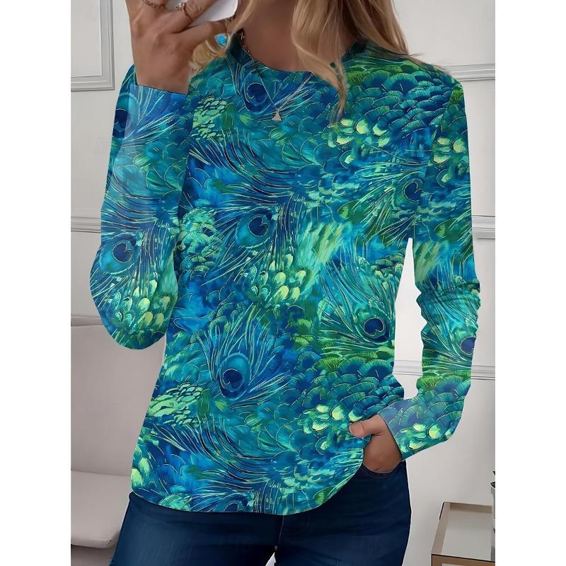 Women's Casual T-shirt 3D Printed  Flower Print Round Neck Retro Elegant Long Sleeves Women's Fashion Pullover Long Sleeve Tops