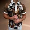 Summer Men's Casual Striped Houndstooth Digital Print T-Shirt Zipper Polo Shirt