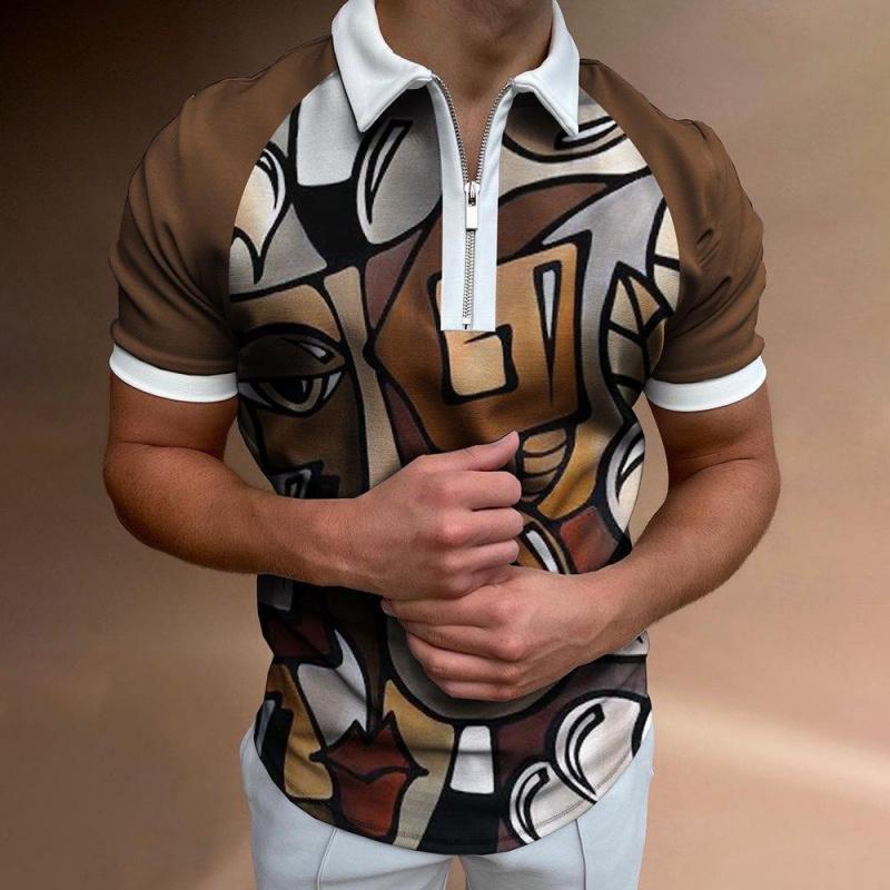 Summer Men's Casual Striped Houndstooth Digital Print T-Shirt Zipper Polo Shirt
