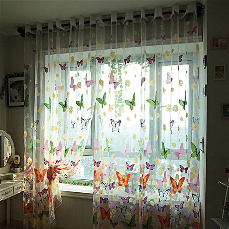 1Pc New Floral Butterfly Sheers Curtains Voile Tulle Door Window Curtain Valance