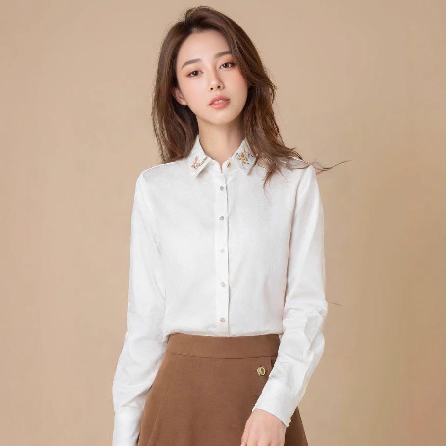 

Элегантная женская рубашка в стиле ретро с китайским воротником-стойкой и вышивкой, с длинным рукавом Small белый