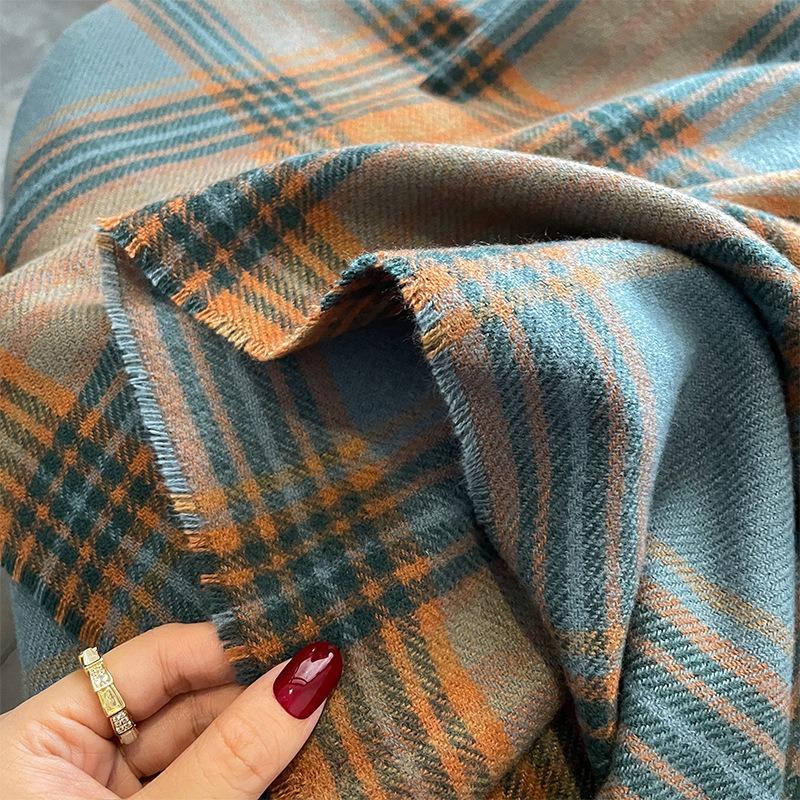 New niche blue and orange plaid scarf women's winter versatile student shawl dual-purpose warm scarf