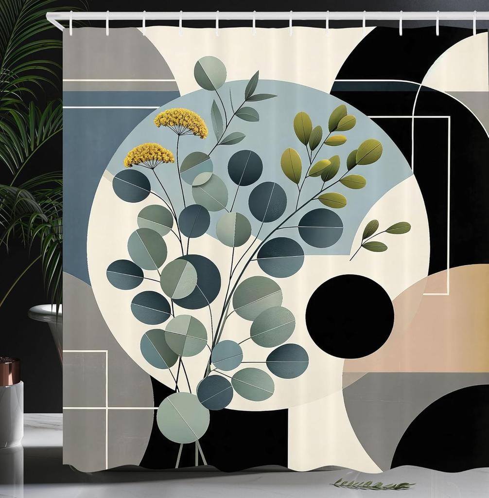 Modern Geometric Floral Waterproof Shower Curtain -Bold Abstract Shapes &Vibrant Flowers for Stylish,Contemporary Bathroom Decor