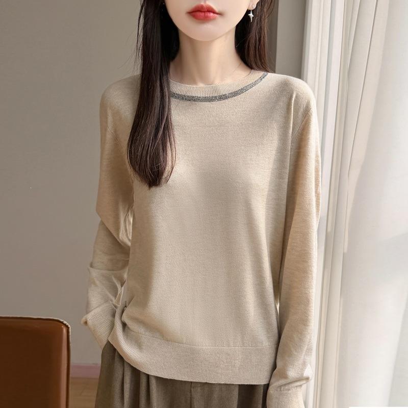 Loose Large-sized Sweater for Ladies, Women's Round-neck Long-sleeved Top, Heavy-stitched with Glittering Diamonds, Knitted Sweater