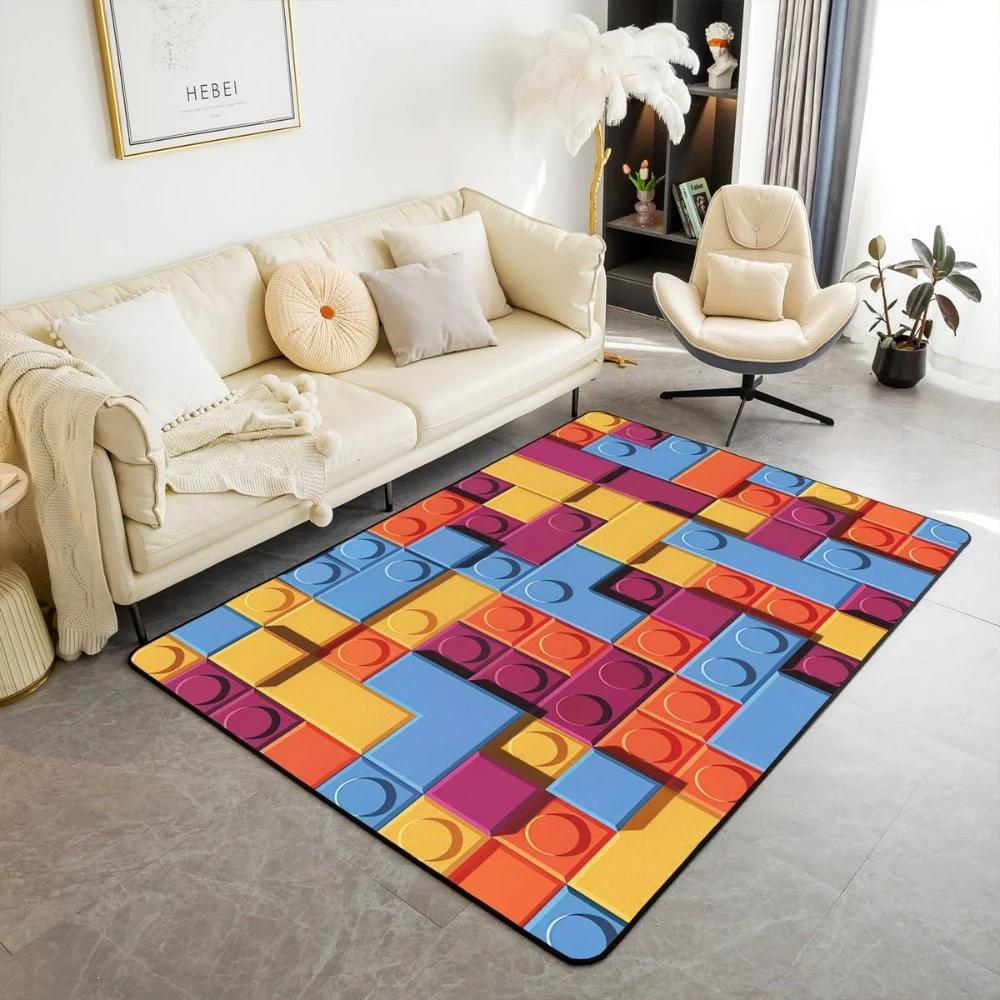 Rainbow Building Blocks Inspired Carpets for Living Room Decor Construction Carpet for Boys Girls Bedroom Washable Entrance Rug