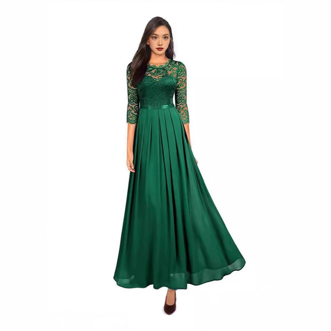 

Женское прозрачное кружевное пэчворк-платье с круглым вырезом и длинными рукавами, вечернее платье с зауженной талией, плиссированное платье для танцевальной вечеринки S зелёный