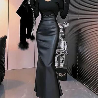 Elegant High Waist PU Leather  Skirt Women's Autumn Winter New Style Fish Tail Skirt Age Reduction Street Style Fashion