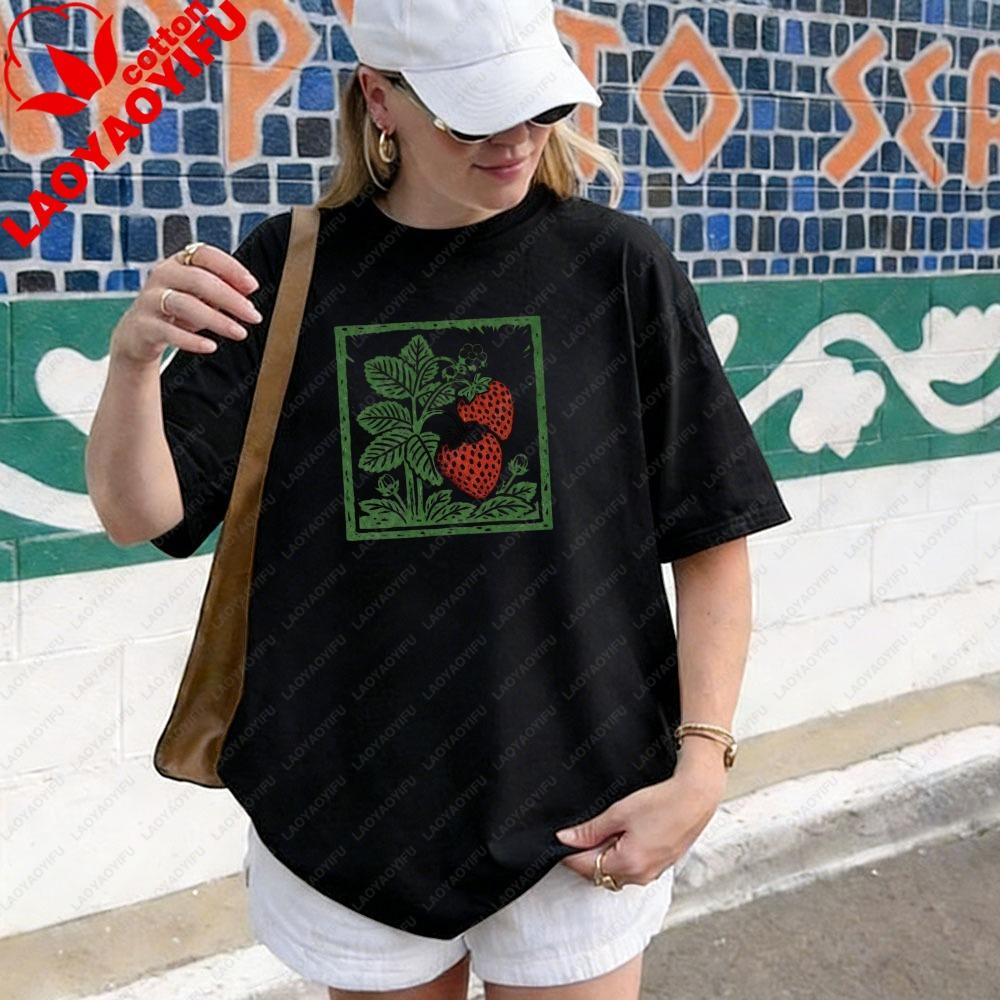 Strawberry Cottagecore Shirt Vintage Botanical Strawberry Tee Garden Fruit Block Print TShirt Berry Plant Graphic Unisex Tshirt