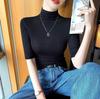 Women's Dark Floral Ribbed Short-Sleeve Half-High Collar T-Shirt - Slim Fit Base Layer for Spring and Autumn 2024