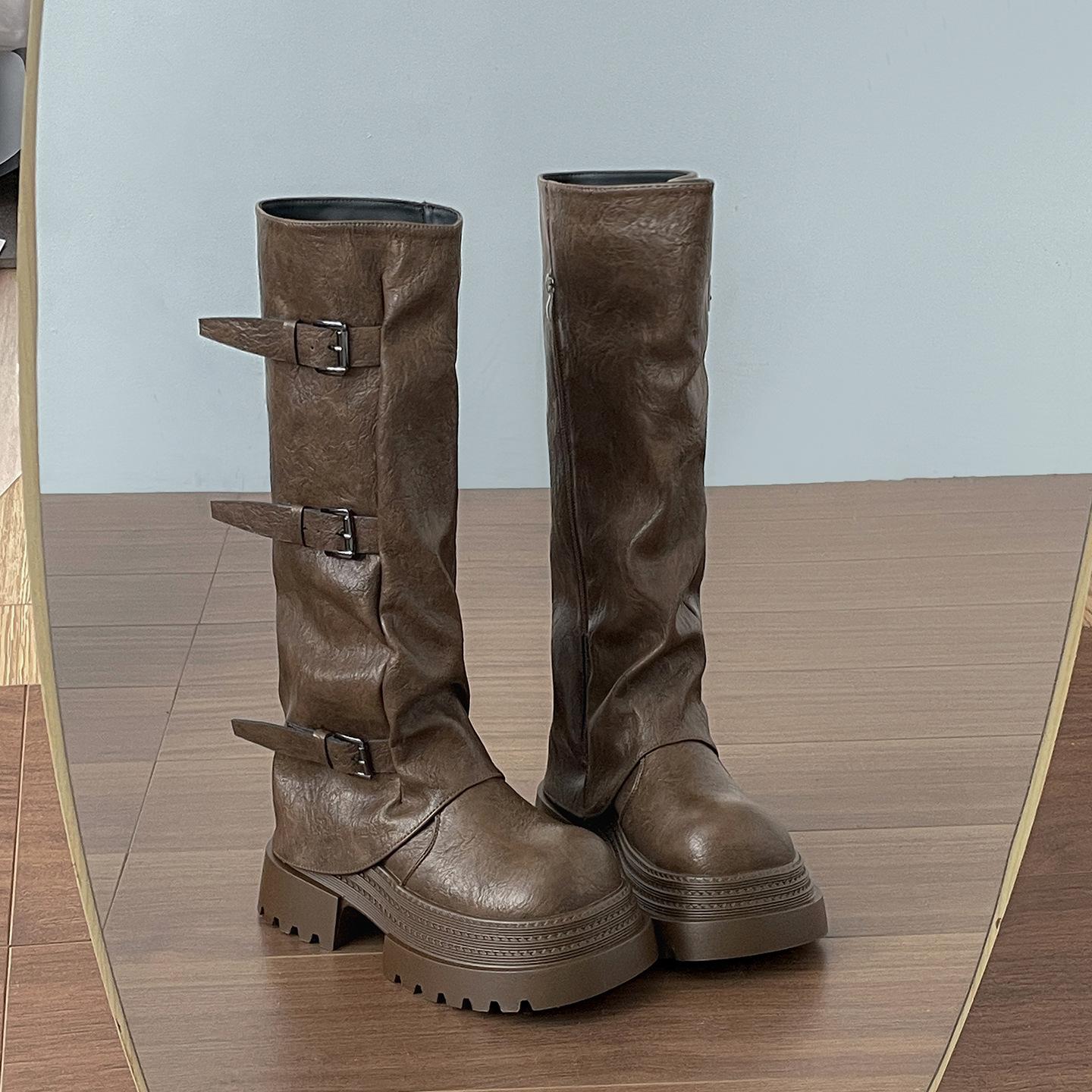 

Black retro but knee-thin platform boots women s boots 2025 new autumn with skirt trousers boots 40 коричневый