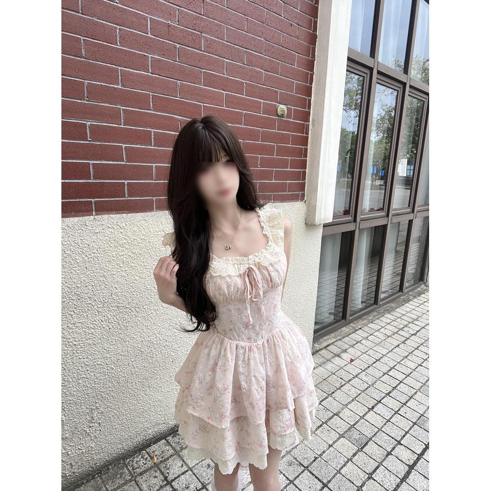 Pure Desire Floral Dress for Women's Summer Leisure, a While Ago, Showing Thinness and Waist Princess Cake Dress, Sweet Lace Short Dress
