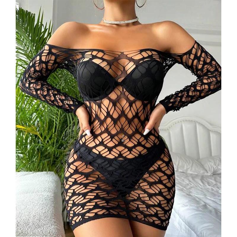 Lingerie Women Dress Sleepwear Hip Skirt Long Sleeve Hollow Mesh Fishnet Dress Nightgowns Dresses Swimwear Net Underwear
