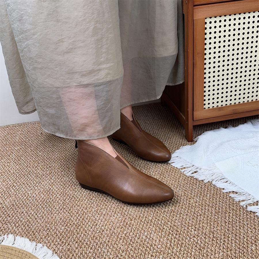 Johnature Retro Pointed Toe Cowhide Short Boots Versatile Genuine Leather Soft Soled Women's Shoes