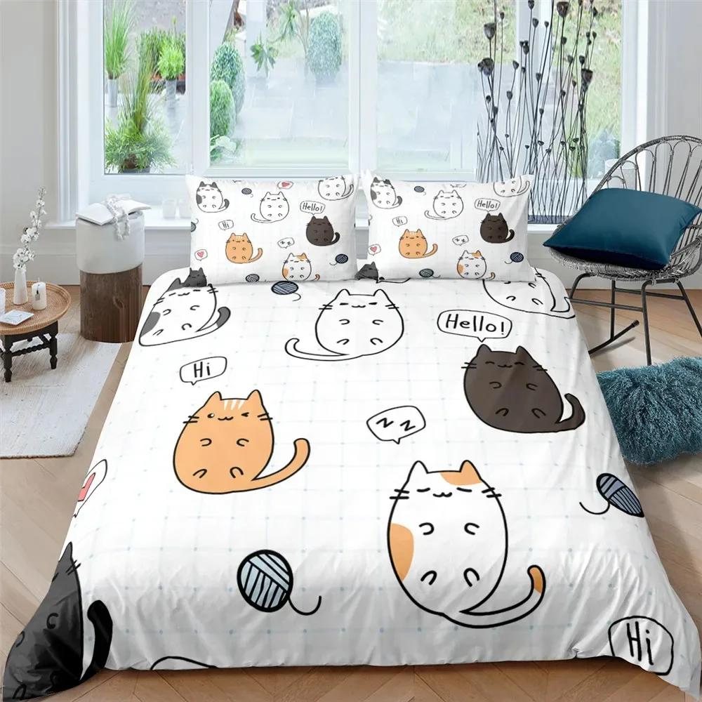 Cartoons Niedliche Katze Bettbezug Polyester Bettdeckenbezug Kissenbezug Junge Mädchen Liebevolle Tiere Bettwäscheset King Queen Full Size