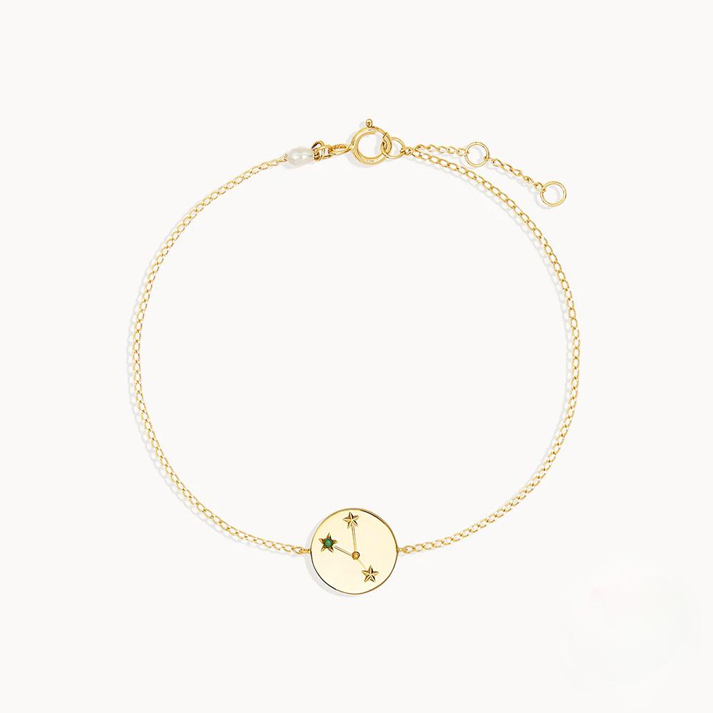 S925 Sterling Silver Constellation Zircon Bracelet, 12 Zodiac Round Disk Gold Chain Bracelet for Women, Dainty Ins Style Everyday Jewelry Gift