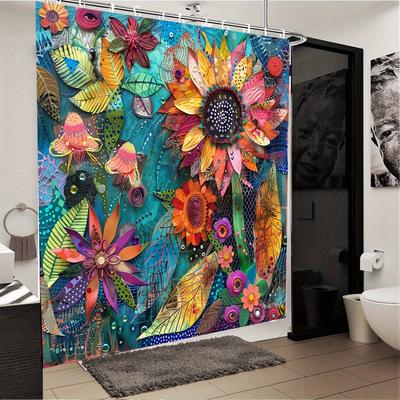 Lebendiger künstlerischer Blumenduschvorhang - Wasserdicht, schimmelresistent mit buntem Blatt- und Blumendesign für ein kreatives Badezimmer