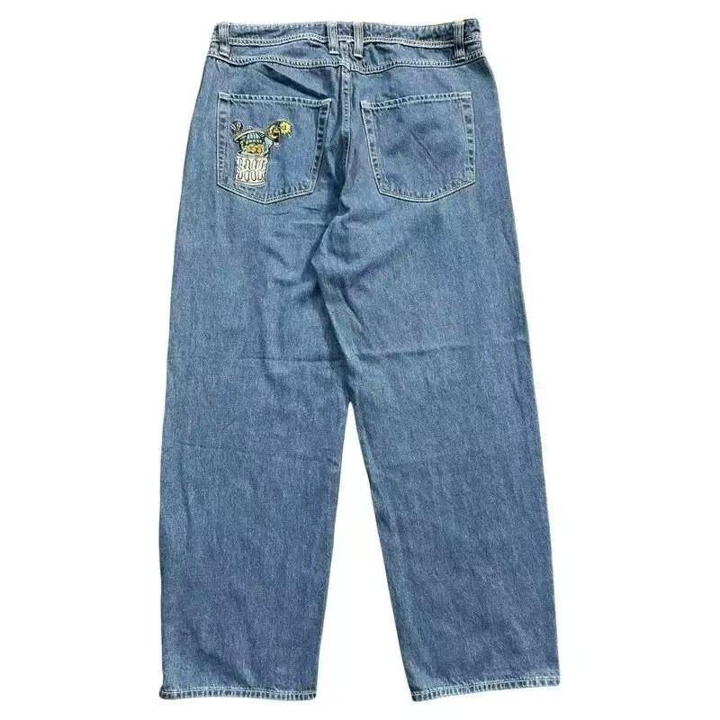 Mens Black Straight Fit Denim Skateboard Pants With Embroidery Mid-Rise Loose Streetwear Casual Wear