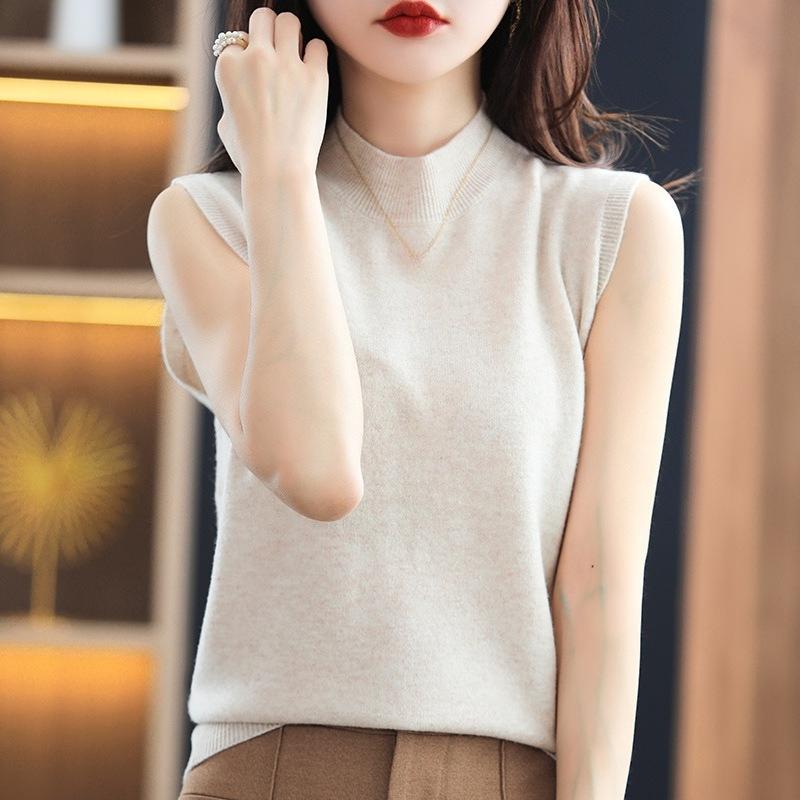 TIFICY Women's Fashion Casual Fall Winter Solid Color Print Sleeveless Half Turtleneck Tops Women's Clothing Woolen Knitwear Sweaters