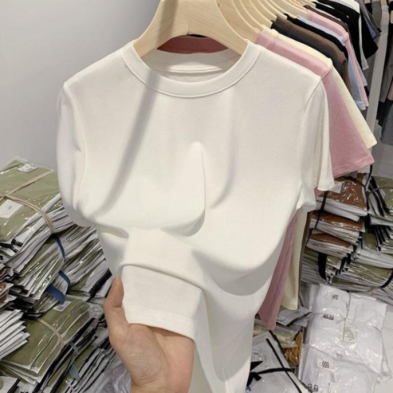 Selection quality pure cotton blue front shoulder short-sleeved T-shirt women s new summer small and thin U-neck short base S