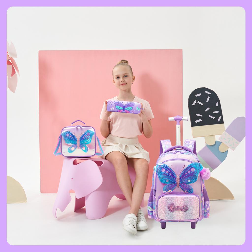 Mädchen Rollrucksack mit Rädern für Kinder Schulkoffer Roller Rucksack Handgepäck Reisegepäck mit Brotdose und Federmäppchen für Mädchen im Alter von 5-12 Jahren