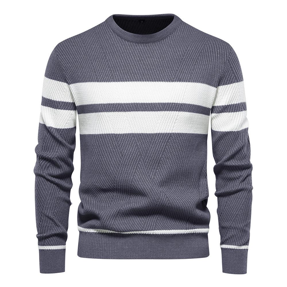 Men's European Fit Striped Round Neck Sweater for Autumn/Winter