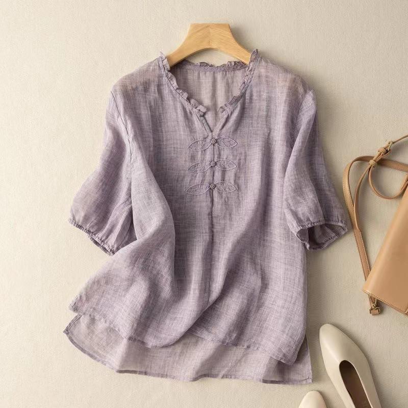 T-shirt top à manches courtes et col en V brodé en coton et lin pour femme, été, fin, bordure en bois plissée, grande taille, ample, respirant, chemise