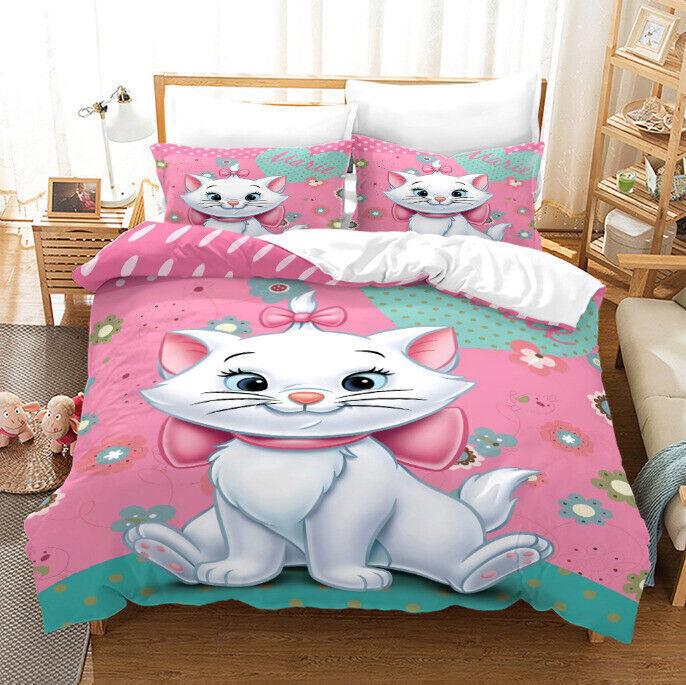 3D Marie Cat Bedding Set Quilt Duvet Cover Pillowcase Bedroom Single Double Gift
