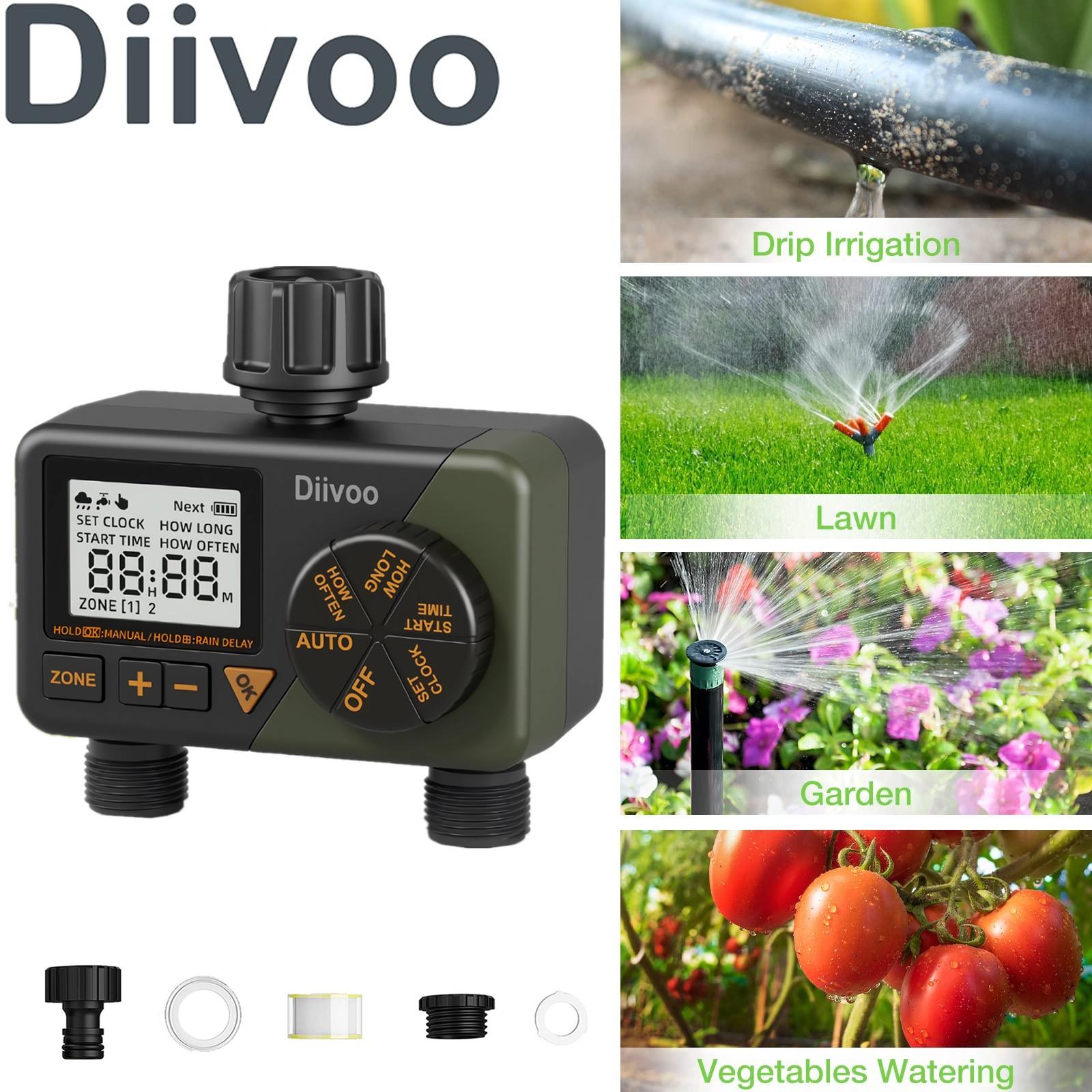 

Таймер спринклера Diivoo, 2 зоны, автоматический таймер полива IP54 с задержкой дождя/ручным/автоматическим режимом, контроллер таймера для наружного шланга