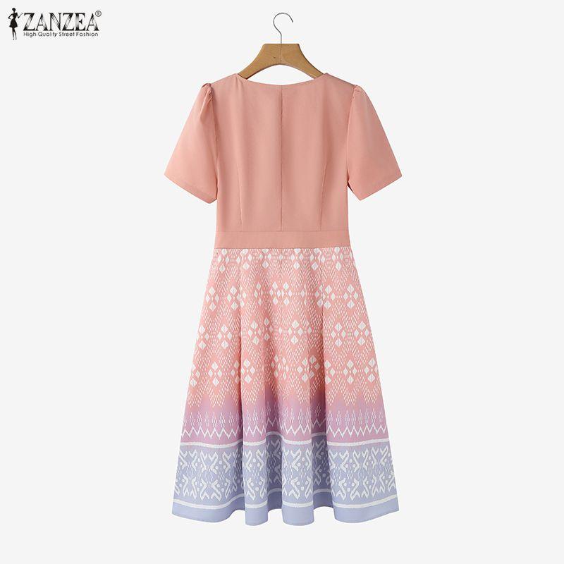 ZANZEA Women Casual Round Neck Short Sleeve Print A-Line Dress