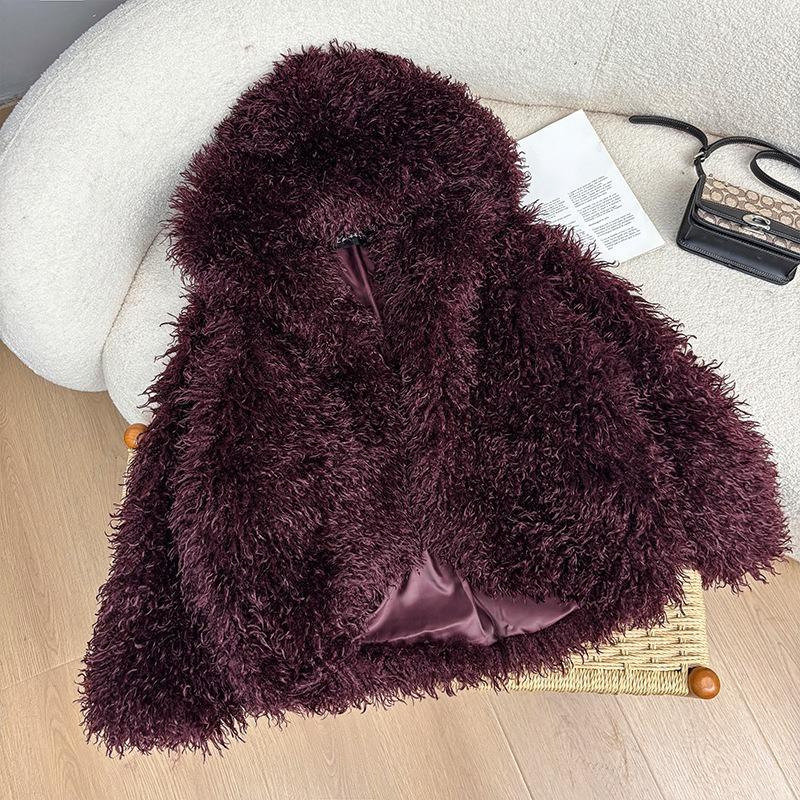 

Свободная кудрявая меховая пляжная шерстяная кофта с длинным рукавом из искусственного меха женский шерстяной кардиган зимний XXL бордовый