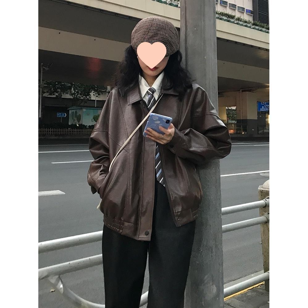 Women's Retro Brown & Black Leather Motorcycle Jacket - Spring/Autumn Loose Outerwear