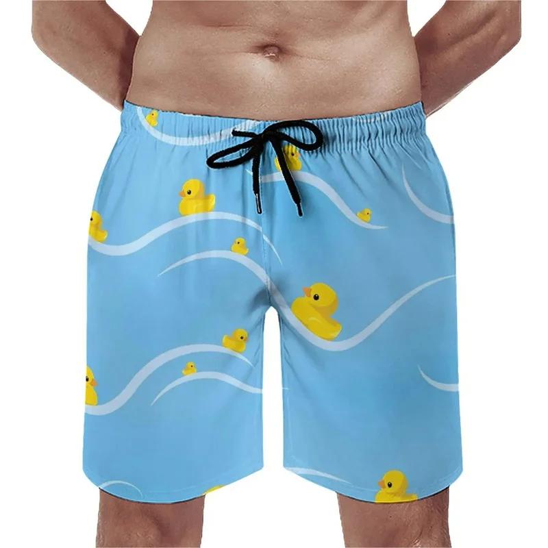 Summer New 3D Printed Cute Animal Yellow Duck Men's Children's Beach Shorts, Fun Street Style Swimming Trunkslvn