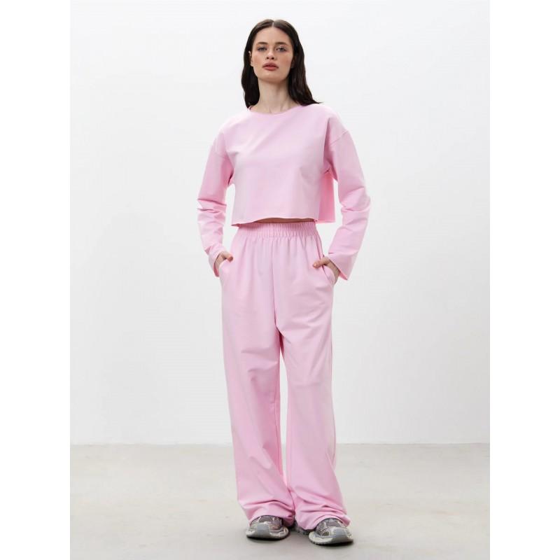 Womens Casual 2-Piece Set Long Sleeve Round Neck T-Shirt Elastic Wide Leg Pants Pure Color Streetwear