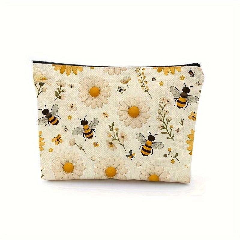 1 Stück Make-up-Tasche mit Bienenmuster, Charmante Kosmetiktasche mit Reißverschluss, Beige & Floral Design, Lebendiger Druck, Make-up-Taschen für Reisen