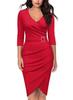 Women's V Neck 3/4 Sleeve Sheath Dress Elegant Ruched Wrap Bodycon Midi Dress For Office Party Cocktail