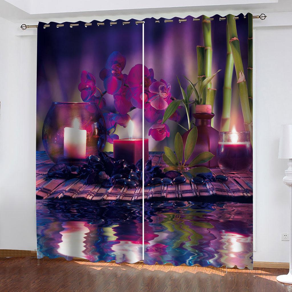 Curtains For Living Room 2 Pieces Fashion Candles Flowers Leaves 3D Shading Window Curtain For Bedroom Decor Hook