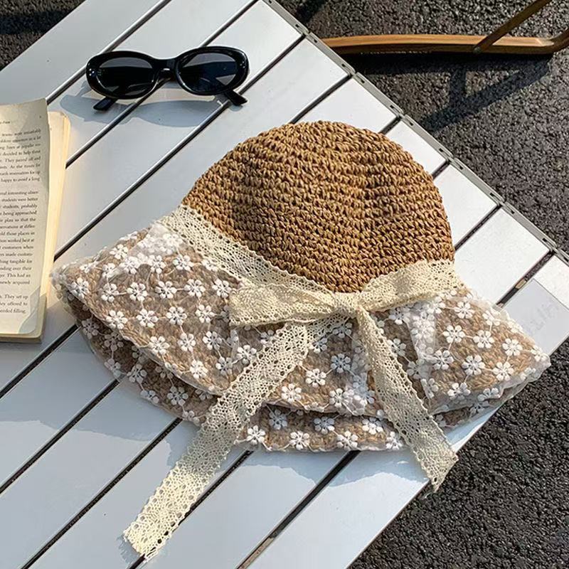 Straw Hat Women's New Small Fresh Lace Straw Hat Summer Travel Sun Protection Hat Big Brim Beach Sun Hat